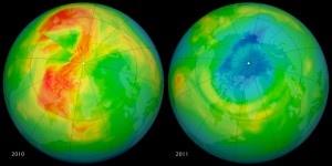 Ozone concentrations over the Arctic in March 2010 (left) and March 2011 (right), from the Ozone Monitoring Instrument on NASA’s Aura satellite. (Credit: NASA)
