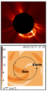 Above Taken by a NASA satellite on August 20, this image shows coronal mass ejection arcing away from the sun — the dark central circle. Image Credit: ESA & NASA/SOHO, SDO Below The space weather conditions near Earth on Wednesday provided by the UCSD team. More material from solar ejections is contained within the darker orange regions. Image Credit: UCSD Center for Astrophysics and Space Sciences/Solar-Terrestrial Environment Laboratory (Japan)