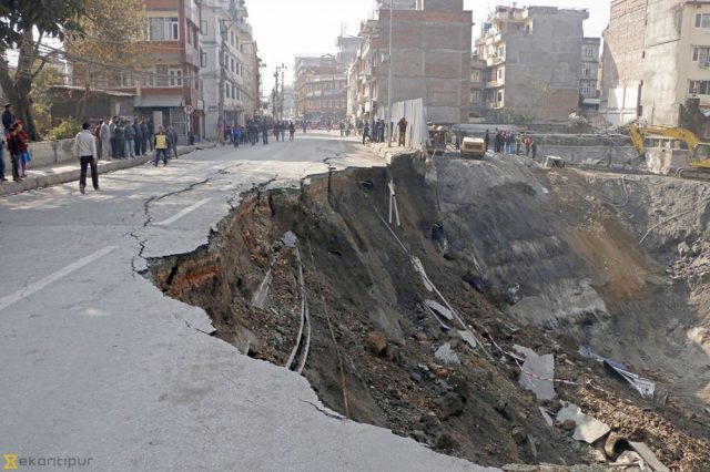 The collapsed road section in Naxal, Kathmandu (source: eKantipur)
