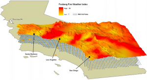 This mapped surface shows the average severity of fire weather conditions during Santa Ana wind events, which are associated with some of the largest California fires on record. Image copyright American Geophysical Union.