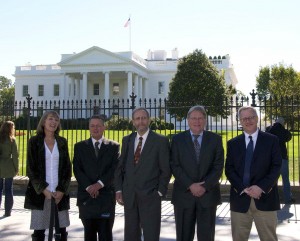 Five scientists brief the Council on Environmental Quality and the Office of Management and Budget on strategies for restoring the nation’s large ecosystems. From left to right are Judy Layzer (Massachusetts Institute of Technology), James Cloern (USGS) William Graf (University of South Carolina), Robert Twilley (Louisiana State University) and Kenneth Rose (Louisiana State University). Photo credit: Erica Goldman, COMPASS.