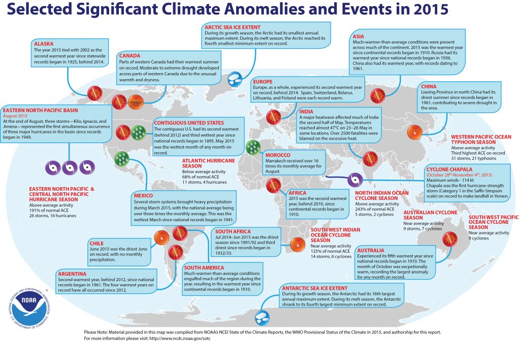Map of major climate events and anomalies from State of the Climate in 2015.
