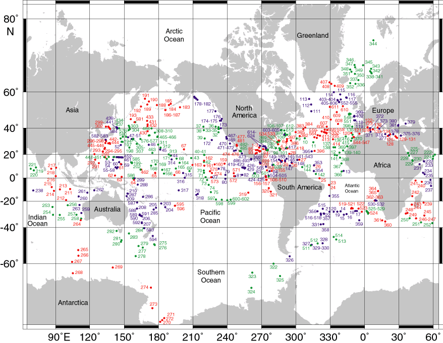 World map of locations of DSDP drill sites