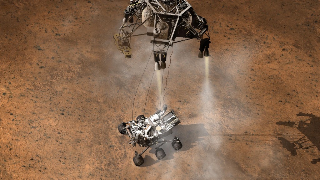 An artist's depiction of Curiosity landing on Mars