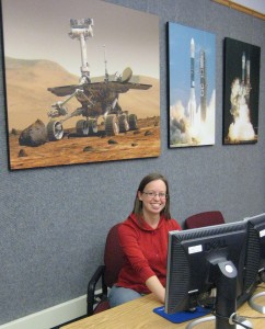 Melissa Rice works at a Science Operations Working Group meeting for the Mars Exploration Rovers at Cornell University a few years ago. Rice will be analyzing data from the Mars Science Laboratory after it lands on Sunday. Photo credit: Casey Dreier.