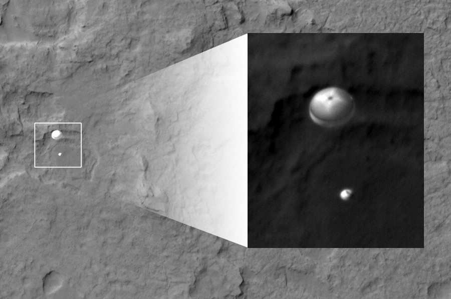 The Mars Reconnaisance Orbitor snapped a high-resolution image of NASA's Curiosity rover, and its parachute, just before it landed safely on Mars at 10:31 p.m. PDT Sunday. (Credit: NASA/JPL-Caltech)