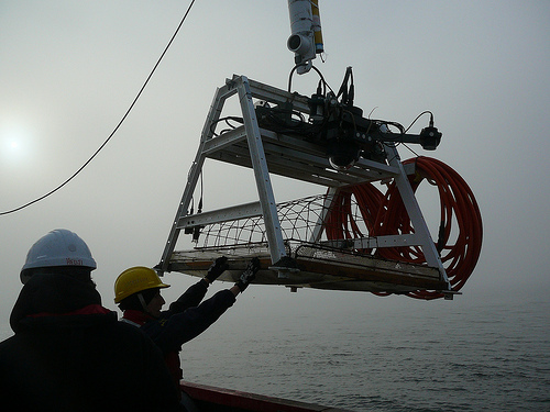 VENUS observatory experiment is lowered into the Strait of Georgia. Credit: Ocean Networks Canada