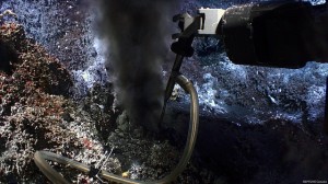 The Endeavour, located 2,000 meters below sea level, makes a recording from a black smoker hydrothermal vent. Researchers at NOAA receive live temperature readings from the site and, when aberrations occur, they can collect biological samples by clicking a button. Credit: Ocean Networks Canada