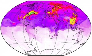 Models of the atmosphere can be used to simulate how synthetic greenhouse gases are transported around the globe. The yellow, green and blue areas show the highest concentrations of climate-warming HFCs near to the areas where they have the highest emissions. When these models are compared to observations from the AGAGE network, researchers can determine the magnitude of emissions that would be required to bring the model into agreement with the data. Credit: M. Rigby