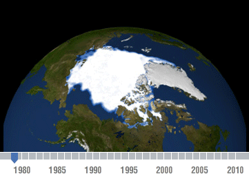 This time series from NASA satellites show Arctic sea ice declining from year to year at a rate of 11.5 percent per decade. A new report published by the National Research Council calls for more international and interdisciplinary research strategies to tackle emerging questions in the Arctic. Credit: NASA/Goddard Scientific Visualization Studio