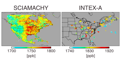 In 2004, the SCIAMACHY instrument mounted on a satellite collected methane emissions across the entire United States, displaying a complete picture of methane sources across the country(left). An airborne technique, like the INTEX-A aircraft campaign in 2004, is still the current method for measuring methane in the atmosphere, but cannot provide the same coverage of the U.S. as the SCIAMACHY instrument (right). Credit: AGU 