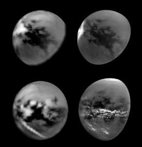 Model vs observation: the left column shows storms from Mitchel et al's Titan General Circulation Model (GCM) and the right shows Cassini observations, which seem to compare well. From Mitchell et al., “Locally enhanced precipitation organized by planetary-scale waves on Titan”, Nature Geoscience, 4, 589-592, doi:10.1038/ngeo1219 (2011).