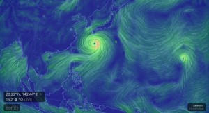 When first beginning this expedition, we (green dot) were safely tucked in between two typhoons. Wind image generated on earth.nullschool.net. Data from GFS / NCEP / US National Weather Service