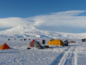 The team's camp site on the McMurdo Ice Shelf. The group plans to set up monitoring stations on other ice shelves and glaciers throughout Antarctica that may also be threatened by climate change.  Credit: Scott Tyler