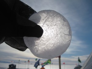 A slice of ice core from the McMurdo Ice Shelf in West Antarctica. Data on the melting rates of ice shelves provides scientists with critical information on the stability of the  ice sheets. Credit: David Holland