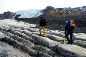 Jez Everest and Andrew  Finlayson, scientists at the British Geological Survey, on the Falljökull glacier. Credit: British Geological Survey