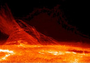 The sun spews forth super-heated, charged particles, collectively called plasma, that fly out into space. New research calculates the temperatures of the solar winds traveling at speeds greater than the speed of sound.  Credit: NASA