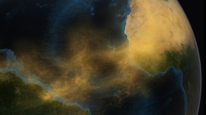 Conceptual image of dust from the Saharan Desert crossing the Atlantic Ocean to the Amazon rainforest in South America. Credit: Conceptual Image Lab, NASA/Goddard Space Flight Center 