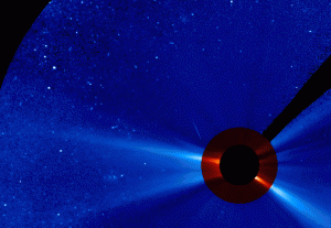 A relatively small puff of solar material can be seen escaping from the sun on the upper left of this movie from ESA and NASA's SOHO on Dec. 19, 2006. This slow ejection was nevertheless powerful enough to cause Venus to lose dramatic amounts of oxygen from its atmosphere four days later.  Credit: ESA/NASA/SOHO/JHelioviewer 