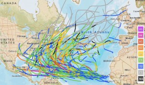 A map showing all of the North Atlantic storm tracks from 2006 to 2013, color coded by intensity. A new study finds that the U.S. experienced a hurricane "drought" over the last nine years, with no storms of category 3 or higher making landfall.  Credit NOAA
