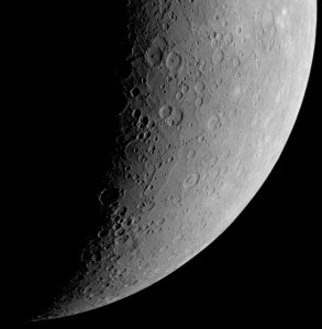 This limb view of the south polar region of Mercury was taken by the Wide Angle Camera of the Mercury Dual Imaging System (MDIS) on the MESSENGER spacecraft while it was in orbit.  The long, cliff-like landforms are lobate thrust fault scarps caused by the contraction of the planet and include Terror Rupes and Eltanin Rupes, the pair of scarps near the center. Credit: NASA/Johns Hopkins University Applied Physics Laboratory/Carnegie Institution of Washington/Smithsonian Institution 