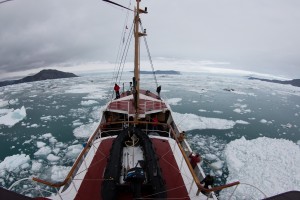 UCI and JPL glaciologists aboard the Cape Race in August 2014 mapped for the first time remote Greenland fjords and ice melt that's raising sea levels around the globe. Credit: Maria Stenzel