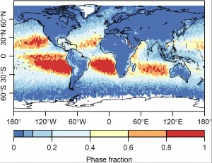 The global distribution of the fraction of rain from liquid-only clouds.  Credit: Johannes Mülmenstädt