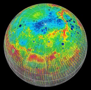 The elevation profiles made by the laser altimeter onboard the MESSENGER spacecraft from the northern hemisphere of Mercury (the warmer the color, the higher in elevation). Scientists used these high-precision range measurements to determine Mercury’s rotation.  Credit: NASA/Johns Hopkins University Applied Physics Laboratory/Carnegie Institution of Washington/DLR 