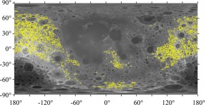 This cylindrical projection of the moon places the nearside of the moon in the center. The study focused on 1,185 craters outlined in yellow. Credit: Soderblom et al. 2015 