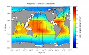 This map shows the global distribution of aragonite saturation at 50 meters depth, identifying areas that are most vulnerable to ocean acidification where the saturation of aragonite is lower. Aragonite is a calcium carbonate mineral that shellfish use to build their shells. Credit: NOAA