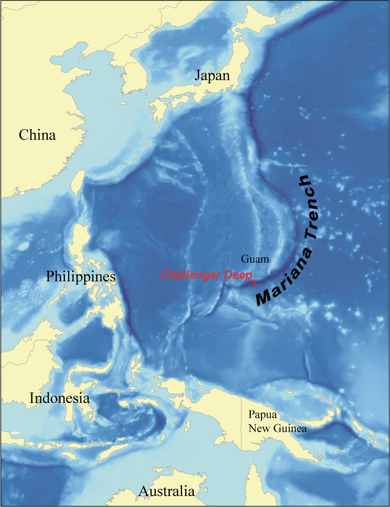 Map showing the location of the Mariana Trench Credit: CC By 2.5, via Wikimedia Commons