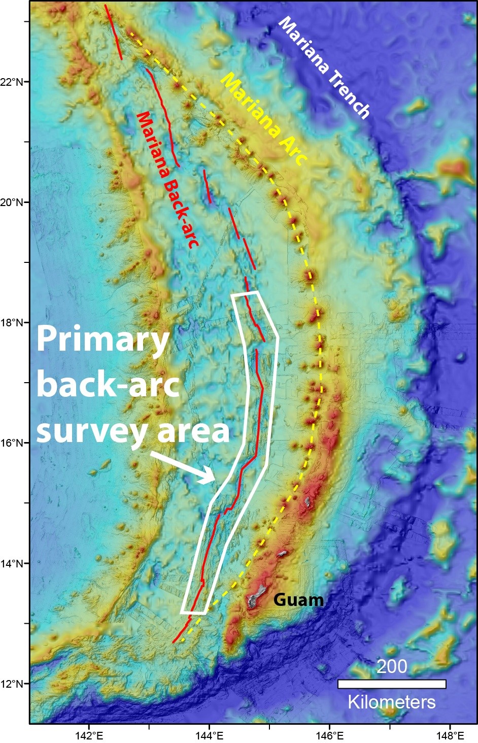 Map showing the locations of the Mariana Trench (white dashed line), Volcanic Arc (yellow dashed line), and Back-arc (red line). Image credit: SOI / Bill Chadwick
