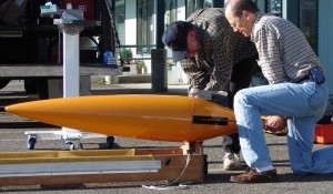 Dr. Bruce Howe and Bill Felton of the University of Washington prepare to deploy a Seaglider, a type of autonomous underwater vehicle, equipped with sensors for measuring salinity, nutrient concentrations and other parameters. Credit: Matthew Grund