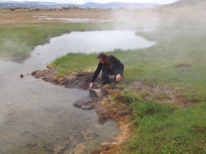 Alasdair Skelton, a researcher at Stockholm University, samples water near an artesian well in the Tjörnes Fault Zone in northern Iceland. Credit: Margareta Andrén. 
