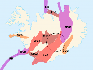 A map of the 11 volcanic zones of Iceland. The dotted circle is the position of the hypothetical hot spot of Iceland. Abbreviations: Reykjanes Ridge (RR); Reykjanes Volcanic Belt (RVB); Kolbeinsey Ridge (KR); Tjörnes Fracture Zone (TFR); North Volcanic Zone (NVZ); East Volcanic Zone (EVZ); West Volcanic Zone (WVZ); Mid-Iceland Belt (MIB); South-Iceland Seismic Zone (SISZ); Öræfi Volcanic Belt (ÖVB); Snæfellsnes Volcanic Belt (SVB). Credit: Lanredec via Wikimedia Commons. 