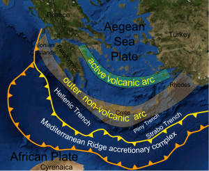 This map shows the geological features of the eastern Mediterranean caused by subduction of the African plate under the Aegean microplate. Credit: Wikimedia Commons