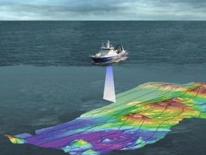 The research ship Tangaroa using sonar for higher-resolution seafloor mapping. Image courtesy of NIWA.