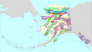 The Alaska Geological Map shows the generalized geology of the state. Each color represents a different type or age of rock. Credit: USGS