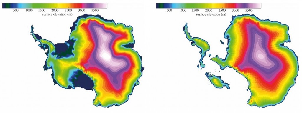 Left: Antarctica’s topography today. Right: A model of Antarctica’s topography with a collapsed West Antarctic Ice Sheet during the last interglacial period. Credit: Alfred Wegener Institute/Johannes Sutter. 