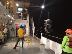 Researchers on the R/V Oceanus deploying the CTD on Monday night. 