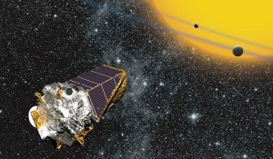 Artist’s conception of the Kepler space telescope observing planets transiting a distant star. Credit: NASA Ames / W Stenzel.
