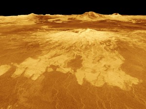 Sapas Mons is displayed in the center of this computer-generated three-dimensional perspective view of the surface of Venus. The viewpoint is located 527 kilometers (327 miles) northwest of Sapas Mons at an elevation of 4 kilometers (2.5 miles) above the terrain. Lava flows extend for hundreds of kilometers across the fractured plains shown in the foreground to the base of Sapas Mons. Credit: NASA / JPL.