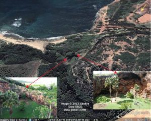The only well-documented paleotsunami deposit in Hawaii from the 16th century is on Kaua`i. The Makauwahi sinkhole, on the side of a hardened sand dune, is viewed toward the southeast from an apparent altitude of 342 meters. Inset photos show two of the wall edges, indicating the edges of the sinkhole. The east wall (left) is 7.2 meters above mean sea level, and about 100 meters from the ocean. Note for scale the people in the right image. Credit: R. Butler (left), Gerard Fryer (right), GoogleMaps (background). Figure from Butler et al., 2014.