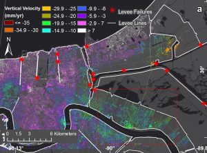 Subsidence rates in New Orleans as measured by NASA's UAVSAR instrument from June 2009 to July 2012. The red stars represent locations where levees breached during Hurricane Katrina.  Credit: NASA/JPL-Caltech, Esri