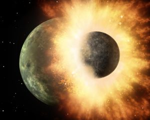 Artist's depiction of a collision between two planetary bodies. Such an impact between Earth and a Mars-sized object called Theia likely formed the Moon. New research revives the debate about whether this impact is be the source of rare Earth metals. Credit: NASA/JPL-Caltech. 