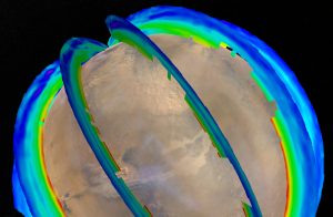 This graphic overlays Martian atmospheric temperature data as curtains over an image of Mars taken during a regional dust storm. New research shows this type of southern-spring storm and two other large regional dust storms repeat as a three-storm series most Martian years. Credit: NASA/JPL-Caltech. 