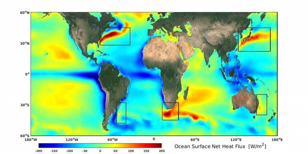This image shows the annual mean net heat flux from the ocean surface to the atmosphere at five major western boundary currents: The Gulf Stream off the eastern coast of North America, the Brazil Current off the eastern coast of South America, the Kuroshio Current off the coast of Japan, the Eastern Australia Current and the Agulhas Current off the coast of South Africa. New research finds the western boundary current (with the exception of the Gulf Stream) are becoming stronger due to climate change. Credit: Alfred Wegener Institute/Hu Yang.