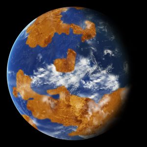 Observations suggest Venus may have had water oceans in its distant past. A land-ocean pattern like that above was used in a climate model to show how storm clouds could have shielded ancient Venus from strong sunlight and made the planet habitable. Credit: NASA