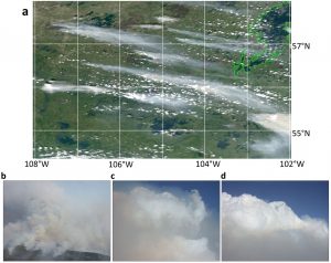 Widespread forest fire smoke plumes on 30 June 2008 (from Aqua/MODIS imagery) stretching across hundreds of kilometers over Saskatchewan, with Cold Lake (origin of flight #2016) situated just outside the southwestern edge of the region. Airborne pictures of (b) forest fire smoke on 30 June 2008, and (c), (d) clouds embedded in smoke on 2 July 2008.