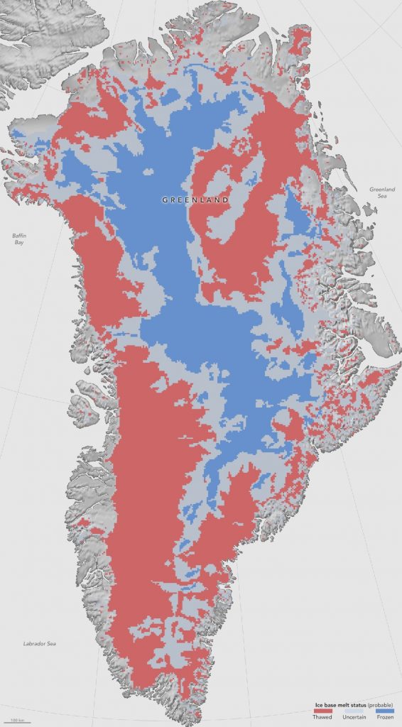 This first-of-a-kind map shows where the bottom of the Greenland Ice Sheet is likely thawed (red), frozen (blue), or uncertain (gray). Knowing whether Greenland’s ice lies on wet, slippery ground or is anchored to dry, frozen bedrock is essential for predicting how this ice will flow in the future. Credit: NASA Earth Observatory map by Jesse Allen using data provided by NASA GSFC/Joe MacGregor.
